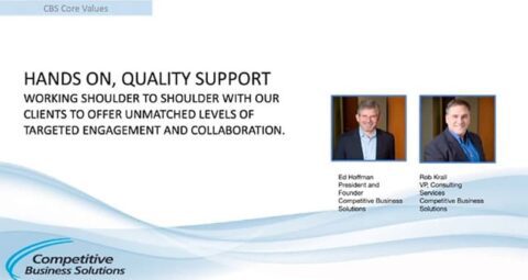 Slide with the title HANDS ON, QUALITY SUPPORT and text about client engagement. Features photos of Ed Hoffman and Rob Krall, highlighting their expertise in Continuous Improvement, plus the Competitive Business Solutions logo at bottom left.