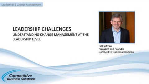Presentation slide titled Leadership Challenges: Understanding Change Management at the Leadership Level, featuring Ed Hoffman, President and Founder of Competitive Business Solutions. Blue wave graphics at the bottom. Emphasizes Continuous Improvement for effective leadership.
