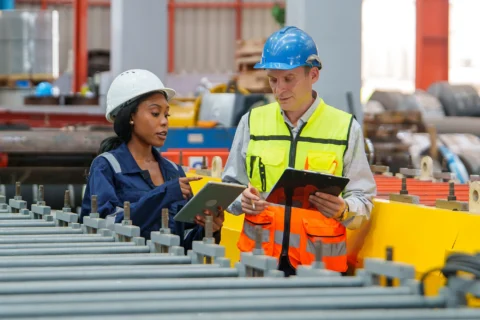 Plant leadership and a private equity operating partner reviewing throughput and WIP metrics on a manufacturing floor during the hold period.