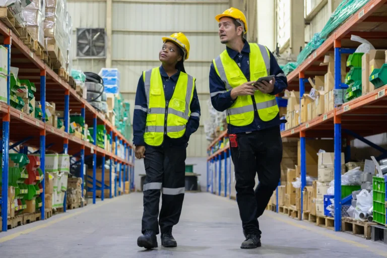 employees walking through warehouse as part of lean 5s sustain walkthrough