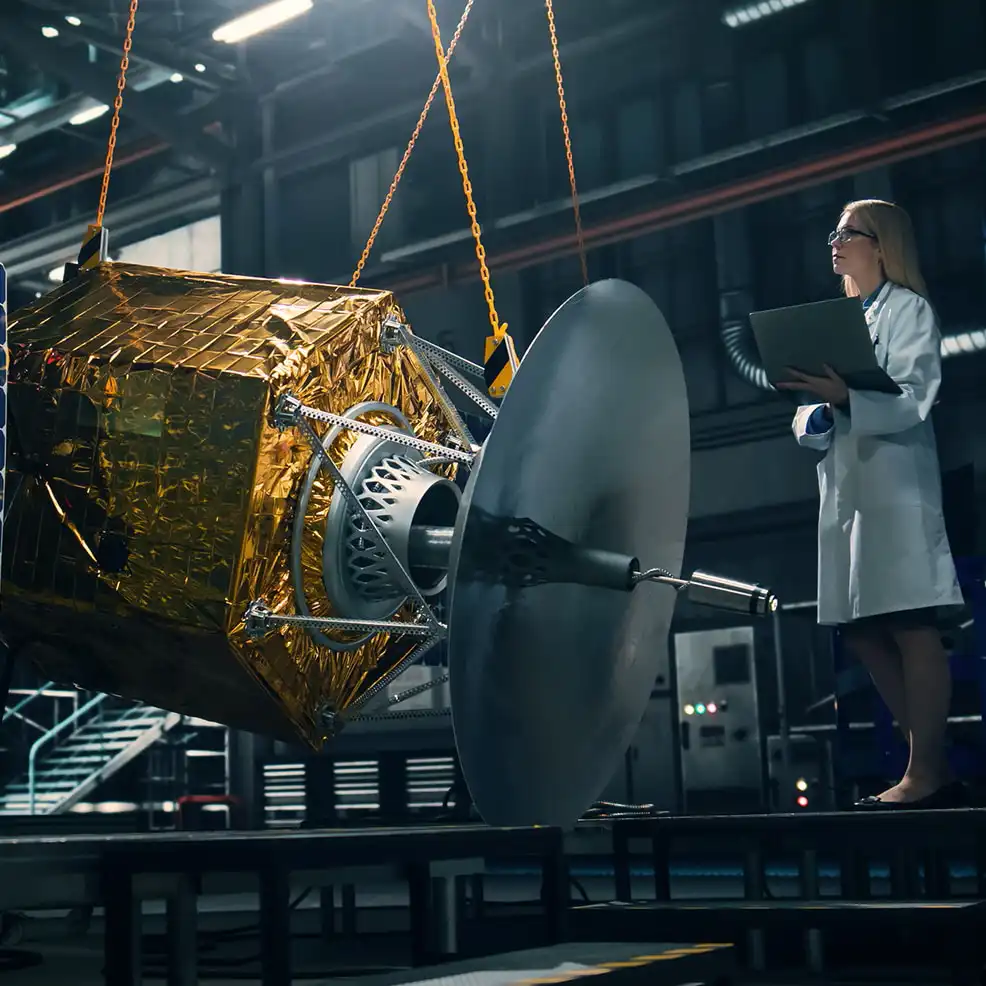 A woman in a white lab coat examines a gold-wrapped satellite with a large dish antenna, suspended by cables in a high-tech facility specializing in Aerospace and Defense Consulting.