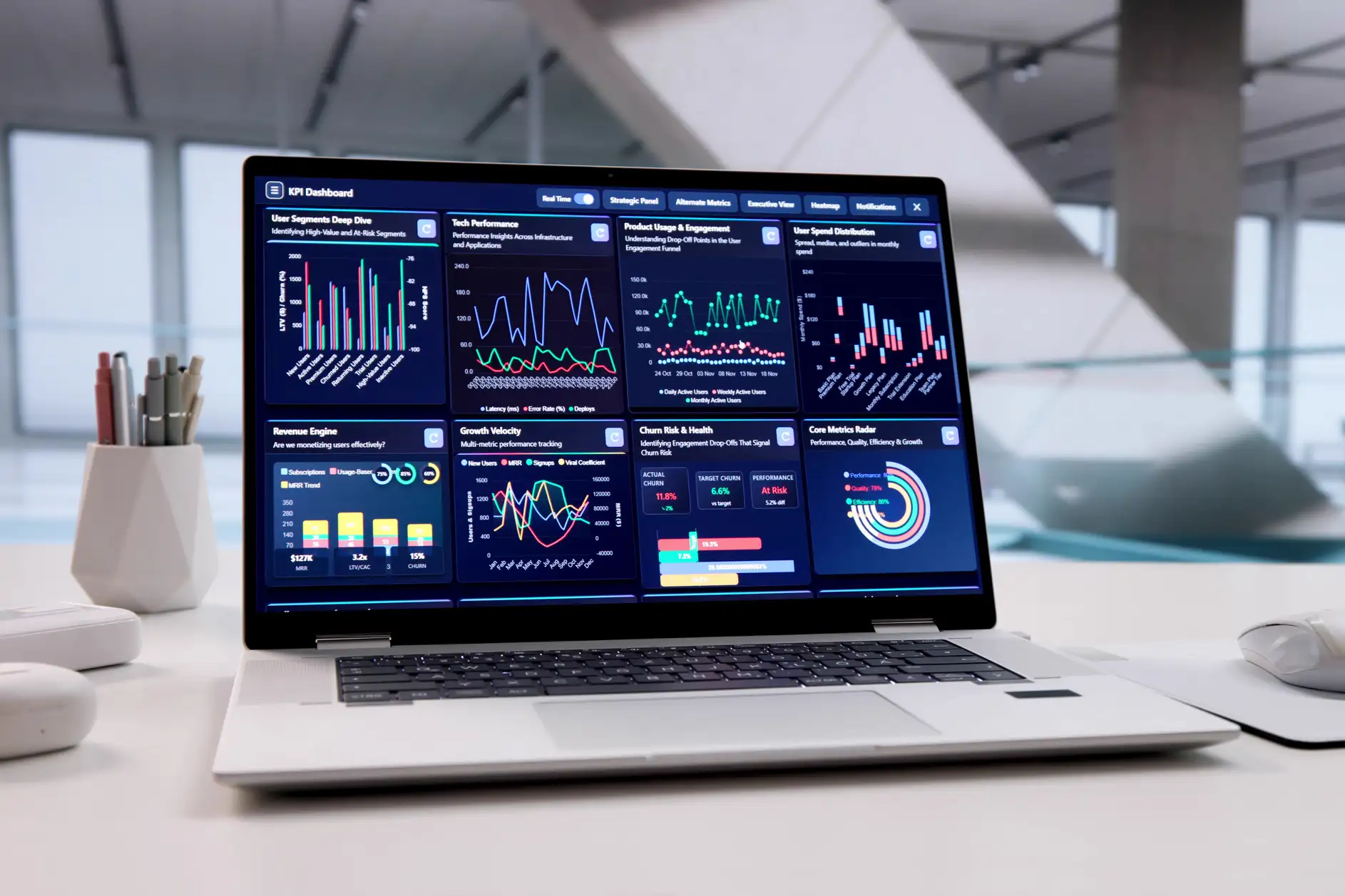 operational excellence metrics on a laptop screen in conference room